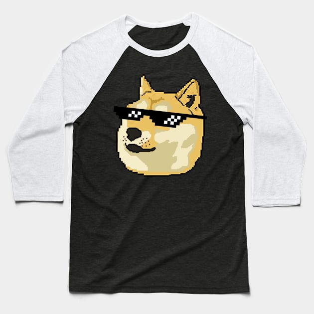 Doge In Deal With It Glasses Pixel Shiba Inu Baseball T-Shirt by steigdesign